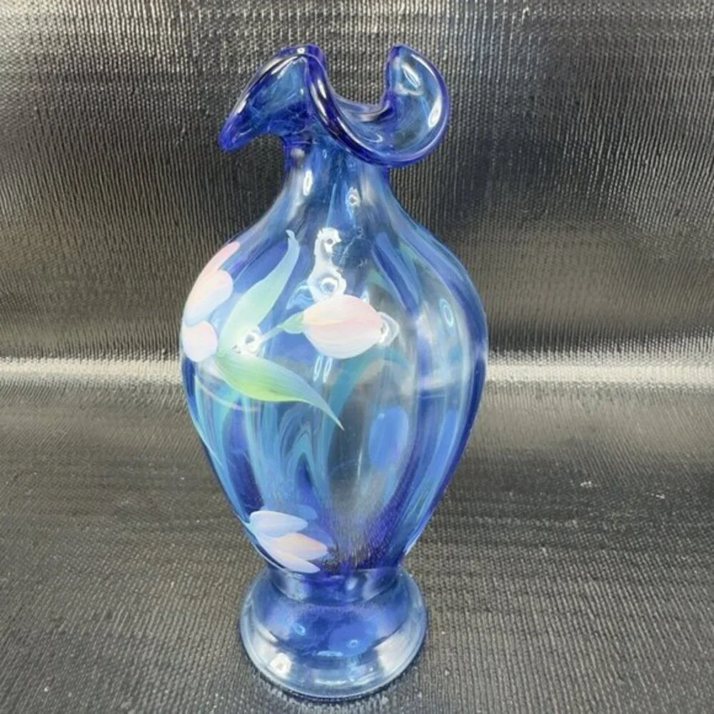 Vintage Fenton Art Glass Vase‎ Vessel Blue Hand Painted Flowers W Sticker Vase